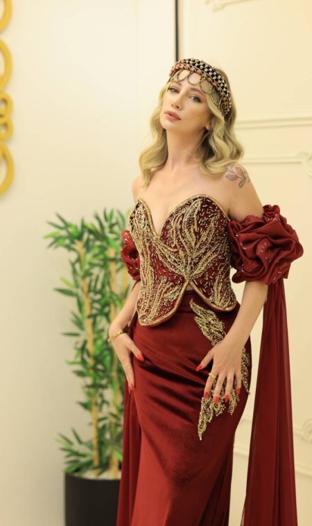 2 Parçalı Bordo Kadife Balık Hint Kaftan