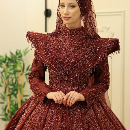 Komple Güpürlü Prenses Etek Feraye Sarkıt Taş İşlemeli Bordo Tesettür Kınalık, Kına Çıkış