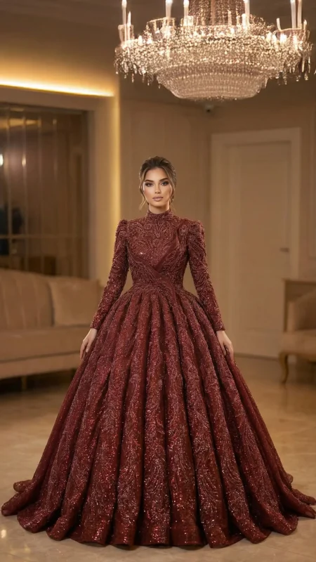 Bordo İşlemeli Dik Yaka Tesettür Kınalık Modeli