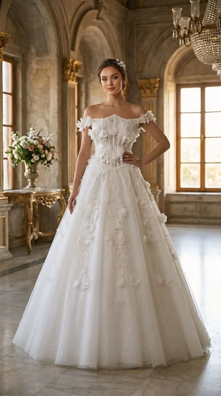 2026 Üç Boyutlu Çiçekli Madonna Yaka Gelinlik Atlas Gelinlik