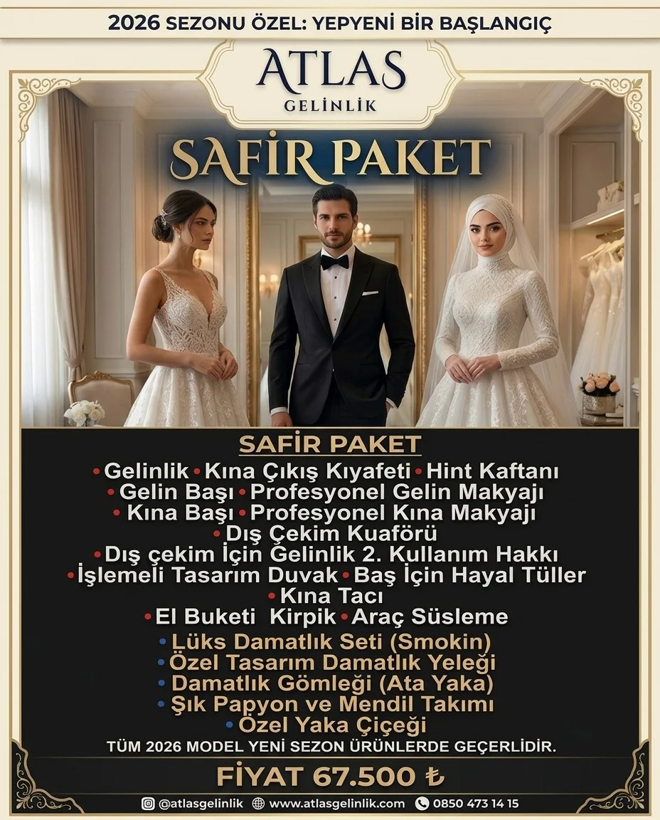 Sultanbeyli Atlas Gelinlik 2026 Safir Paket kampanyası, lüks smokin damatlık ve gelinlik seti