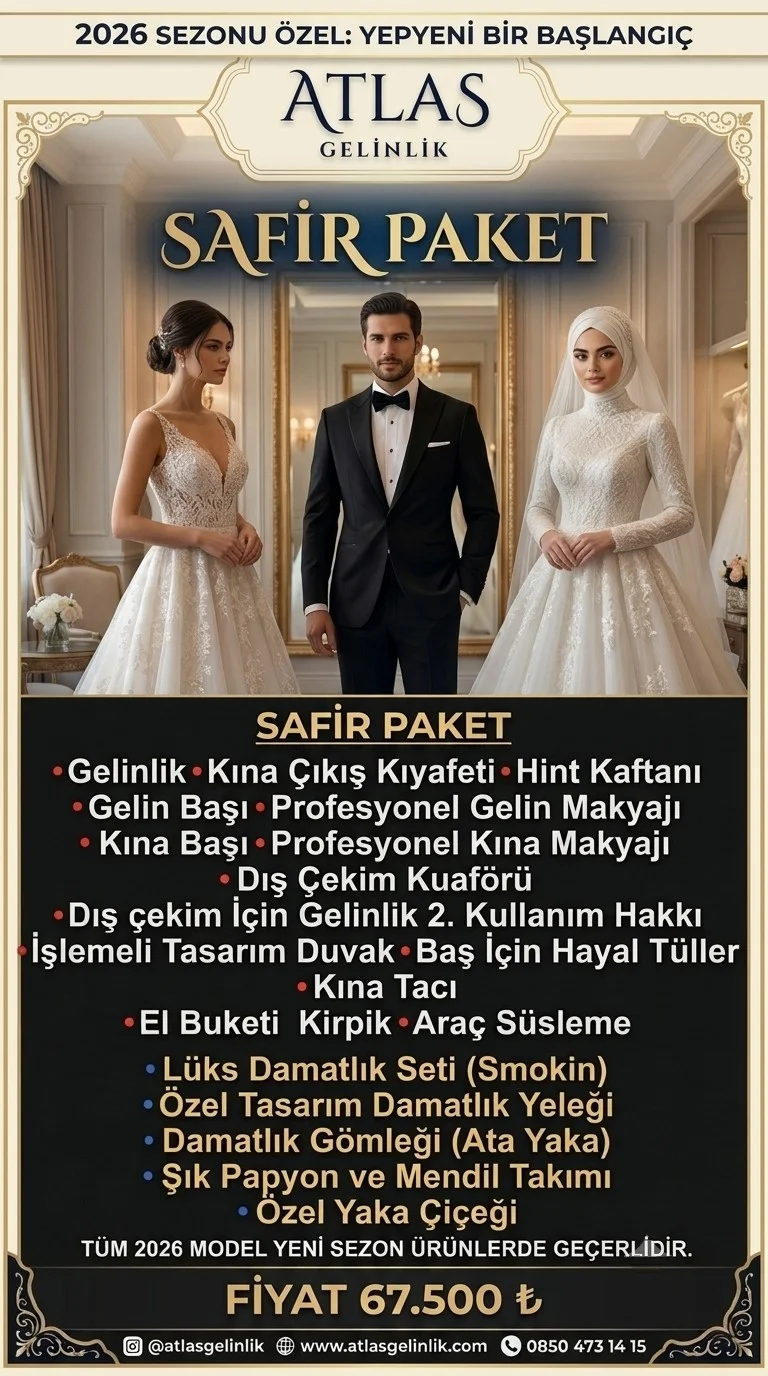 Sultanbeyli Atlas Gelinlik 2026 Safir düğün paketi, gelinlik ve smokin damatlık seti